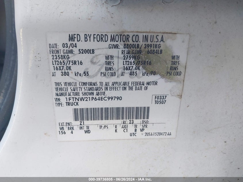 2004 Ford F250 Super Duty VIN: 1FTNW21P64EC99790 Lot: 39736805