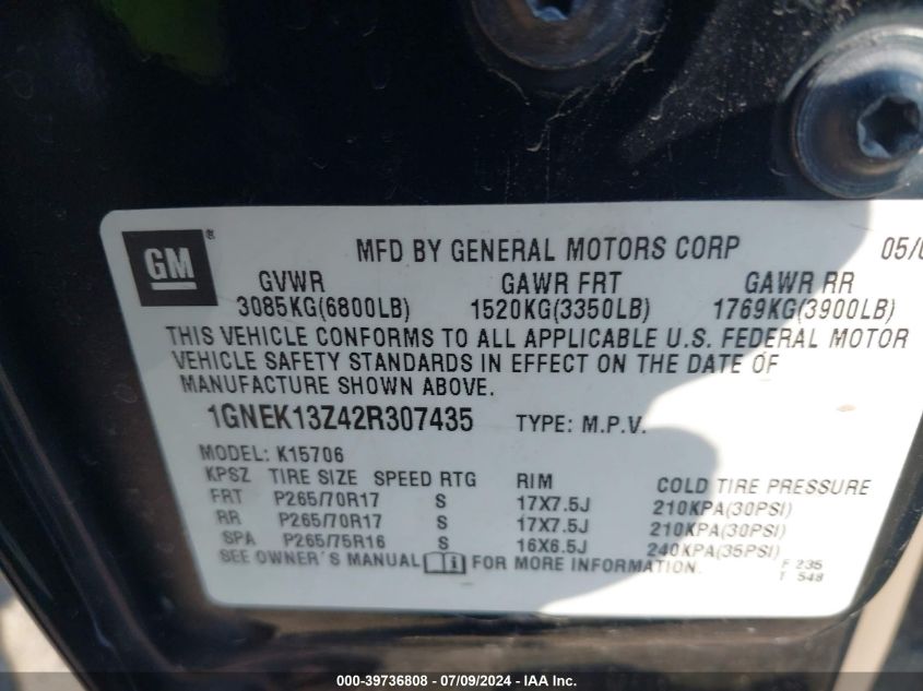 2002 Chevrolet Tahoe Z71 VIN: 1GNEK13Z42R307435 Lot: 39736808