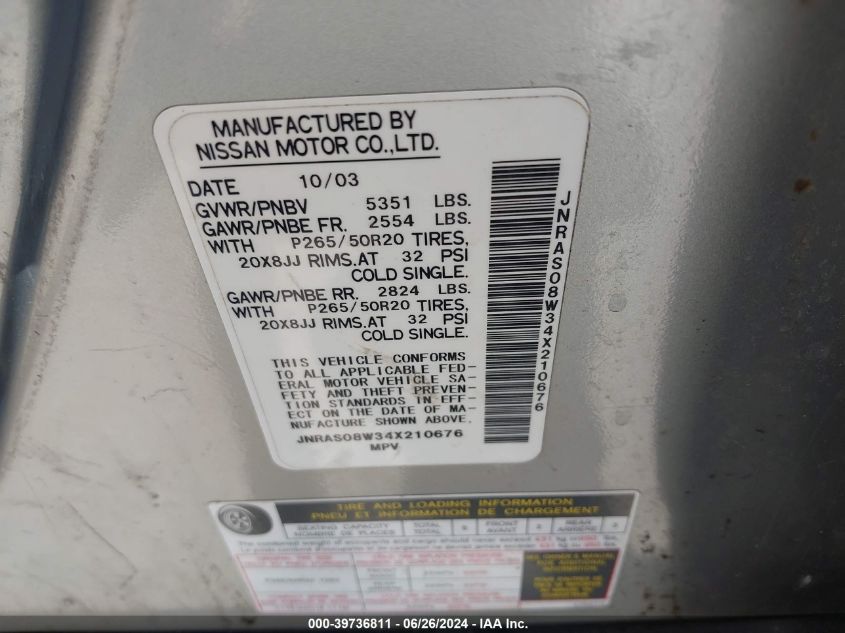 2004 Infiniti Fx35 VIN: JNRAS08W34X210676 Lot: 39736811