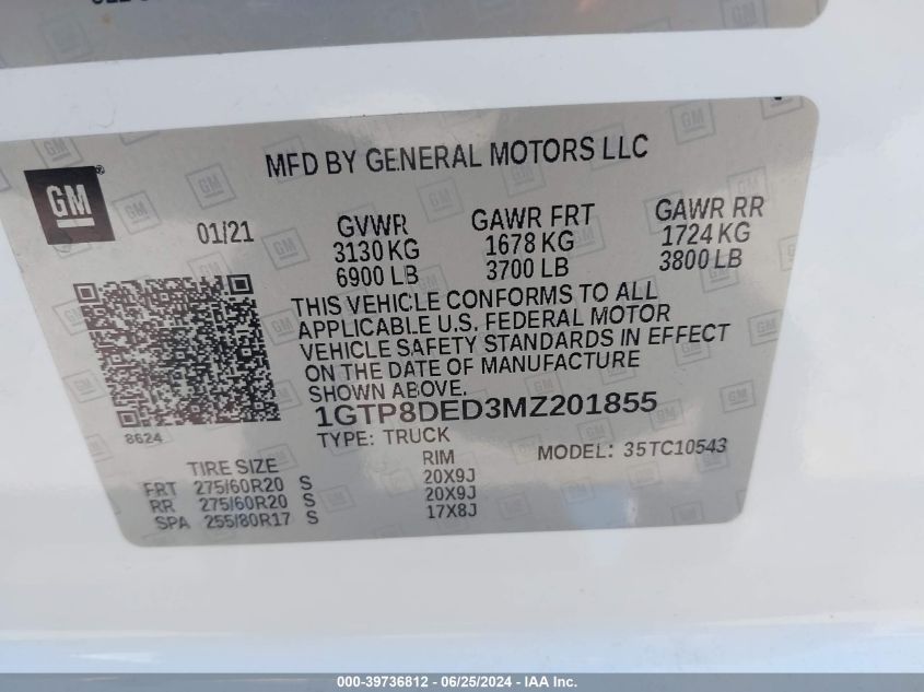 2021 GMC Sierra 1500 2Wd Short Box Slt VIN: 1GTP8DED3MZ201855 Lot: 39736812