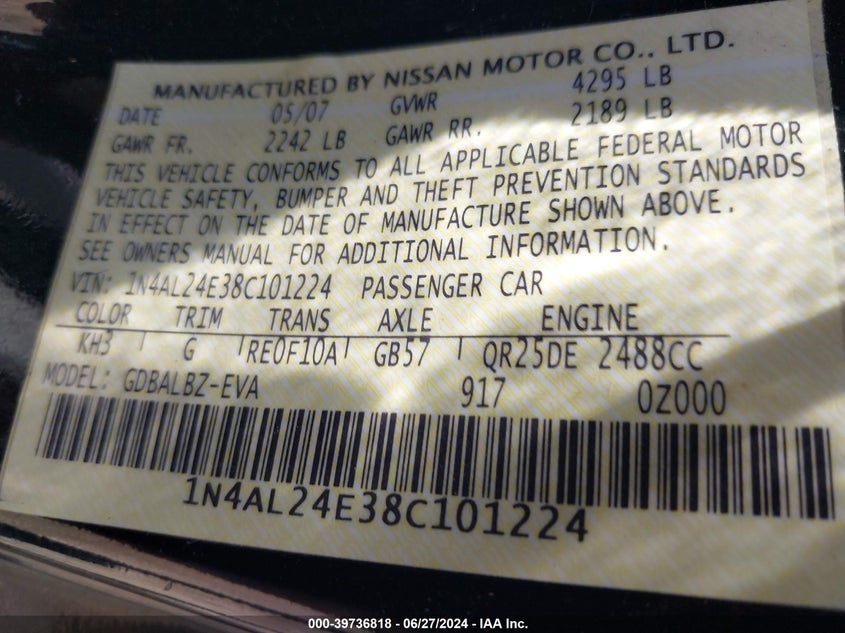 2008 Nissan Altima 2.5 S VIN: 1N4AL24E38C101224 Lot: 39736818