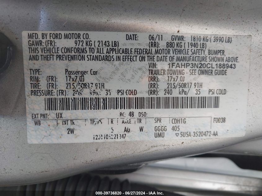 2012 Ford Focus Titanium VIN: 1FAHP3N20CL188943 Lot: 39736820