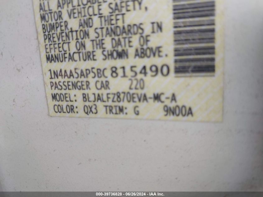 2011 Nissan Maxima S/Sv VIN: 1N4AA5AP5BC815490 Lot: 39736828