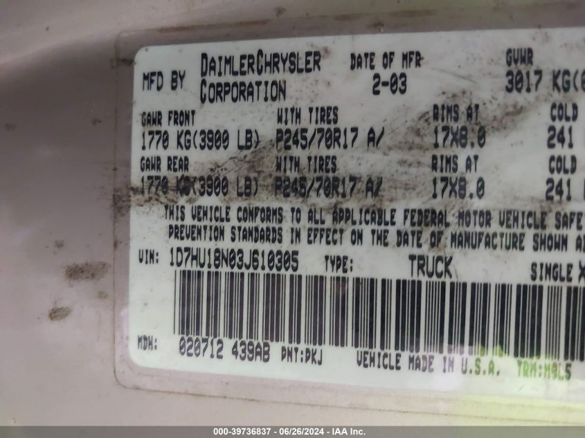 2003 Dodge Ram 1500 St/Slt VIN: 1D7HU18N03J610305 Lot: 39736837