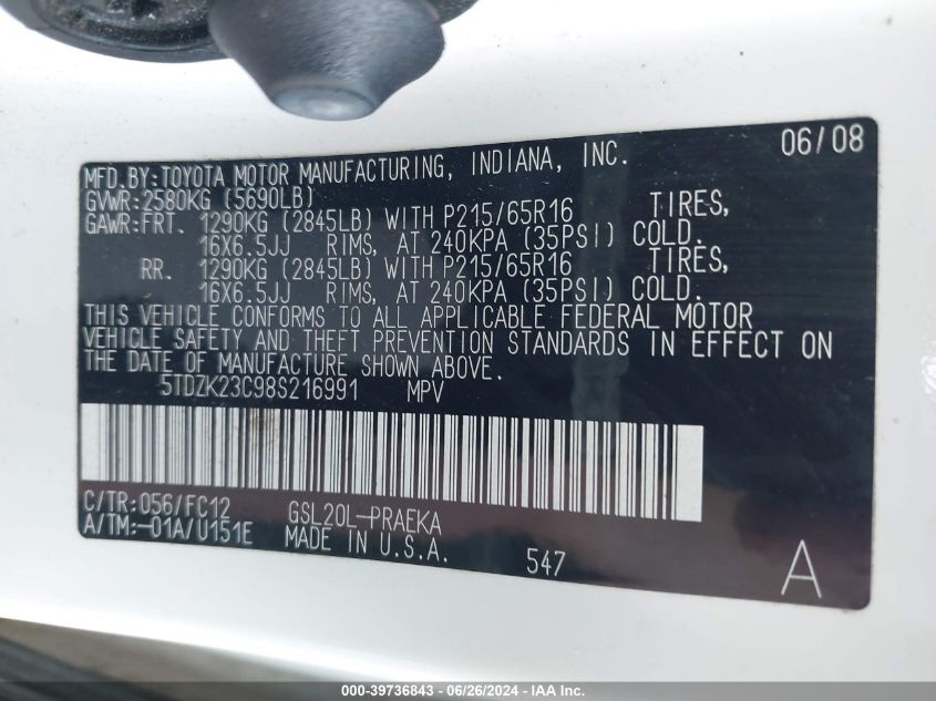 2008 Toyota Sienna Le VIN: 5TDZK23C98S216991 Lot: 39736843