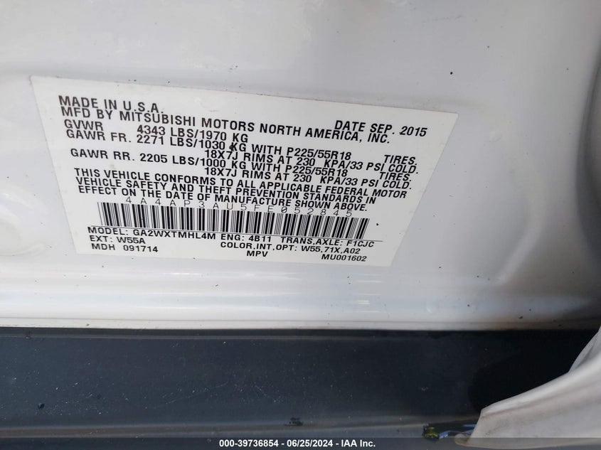 2015 Mitsubishi Outlander Sport Es VIN: 4A4AP3AU5FE052845 Lot: 39736854