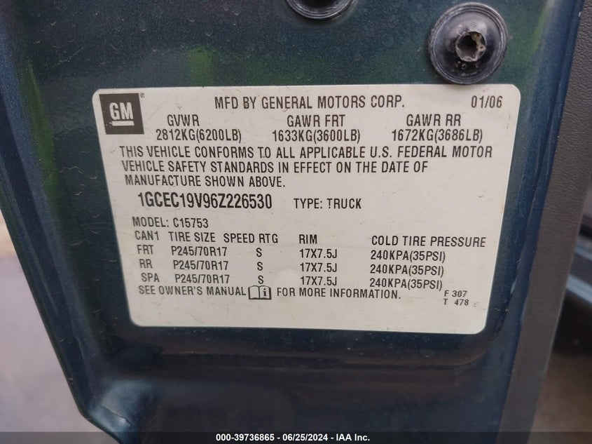 2006 Chevrolet Silverado 1500 Lt1 VIN: 1GCEC19V96Z226530 Lot: 39736865