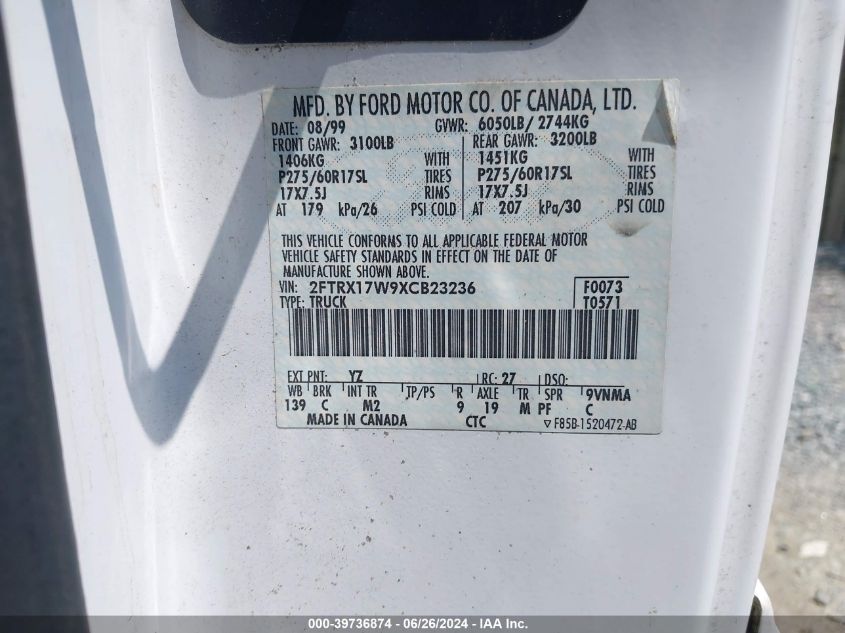 1999 Ford F-150 Lariat/Work Series/Xl/Xlt VIN: 2FTRX17W9XCB23236 Lot: 39736874