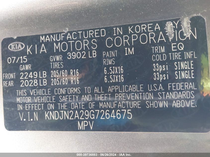 2016 Kia Soul VIN: KNDJN2A29G7264675 Lot: 39736883