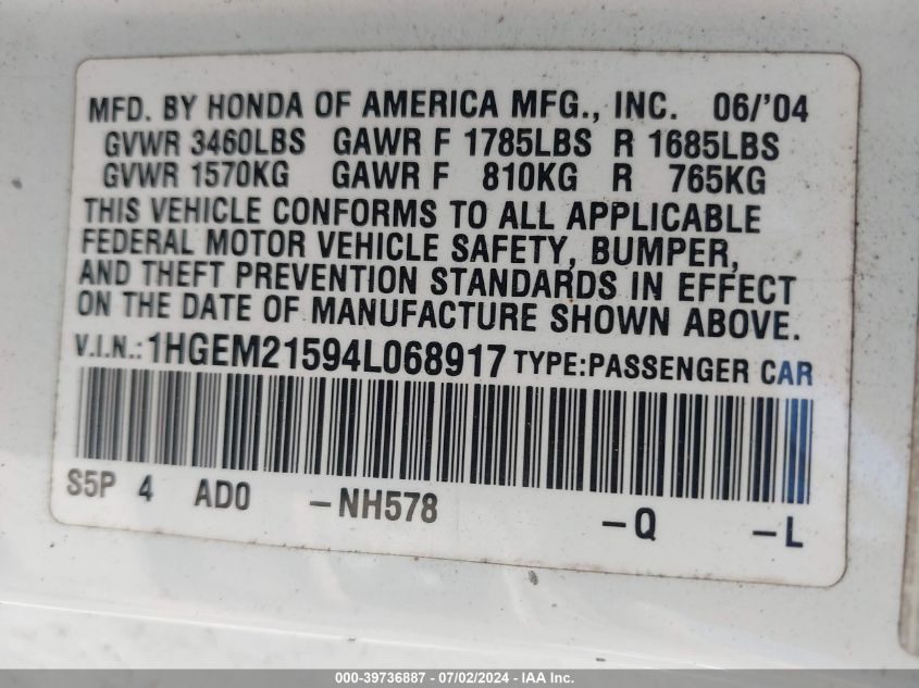2004 Honda Civic Lx VIN: 1HGEM21594L068917 Lot: 39736887