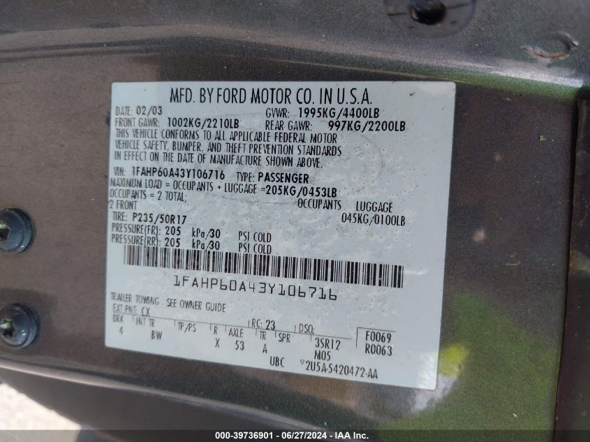 2003 Ford Thunderbird VIN: 1FAHP60A43Y106716 Lot: 39736901