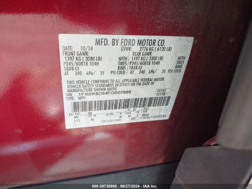 2015 Ford Explorer Xlt VIN: 1FM5K8D84FGB07899 Lot: 39736908