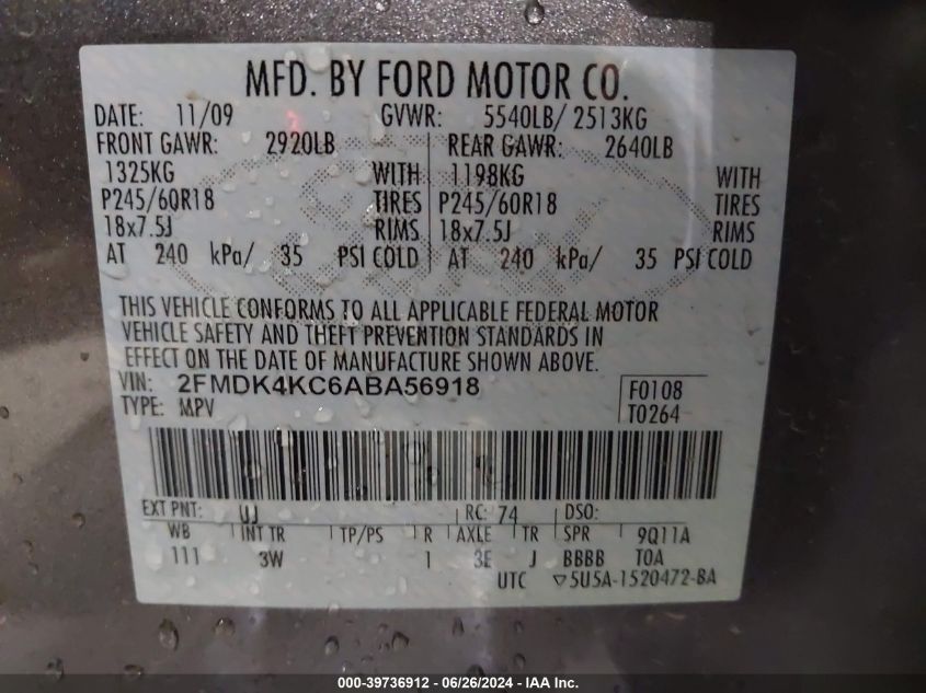 2010 Ford Edge Limited VIN: 2FMDK4KC6ABA56918 Lot: 39736912