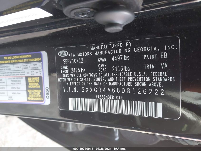 2013 Kia Optima Sx VIN: 5XXGR4A66DG126222 Lot: 39736918