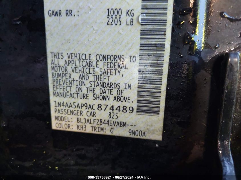 2010 Nissan Maxima S/Sv VIN: 1N4AA5AP9AC874489 Lot: 39736921