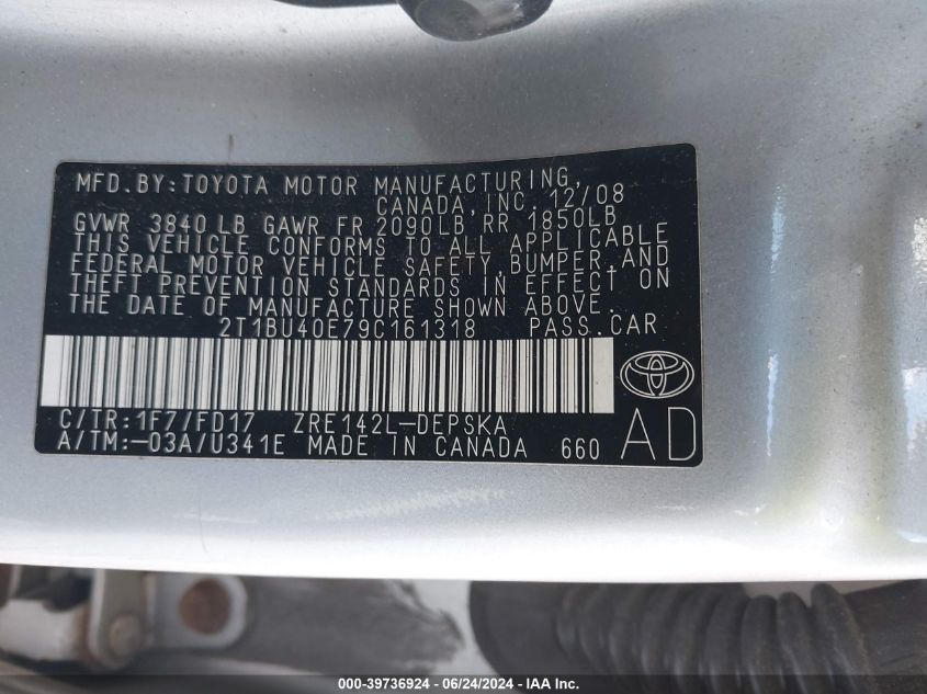 2009 Toyota Corolla S VIN: 2T1BU40E79C161318 Lot: 39736924