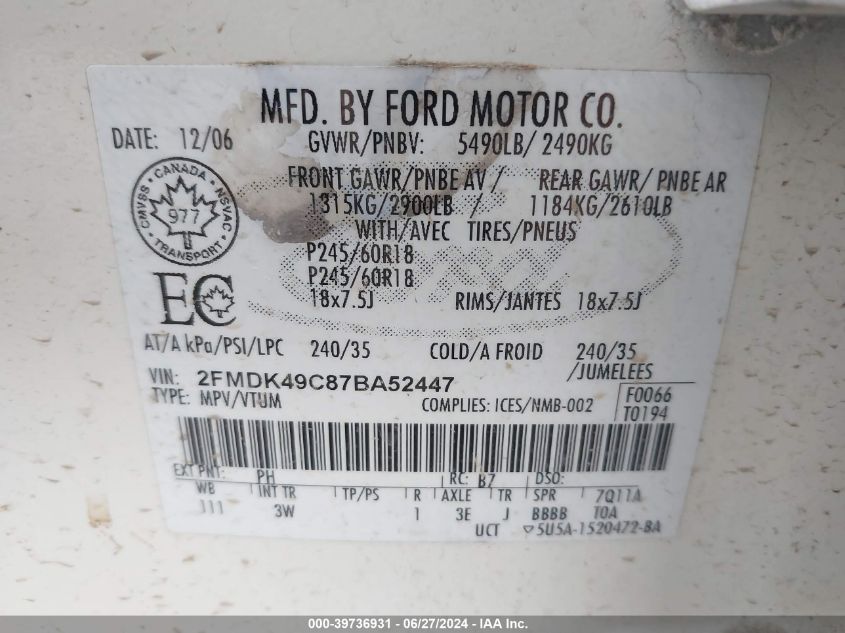 2FMDK49C87BA52447 2007 Ford Edge Sel Plus