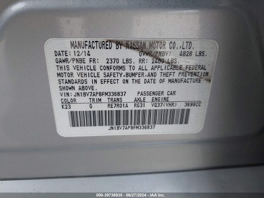 2015 Infiniti Q50 Premium/Sport VIN: JN1BV7AP8FM336837 Lot: 39736935