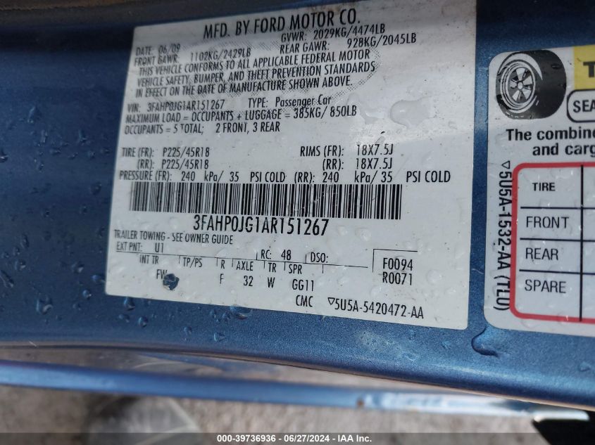 2010 Ford Fusion Sel VIN: 3FAHP0JG1AR151267 Lot: 39736936