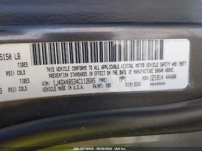 2004 Jeep Grand Cherokee Laredo VIN: 1J4GX48S34C112605 Lot: 39736939