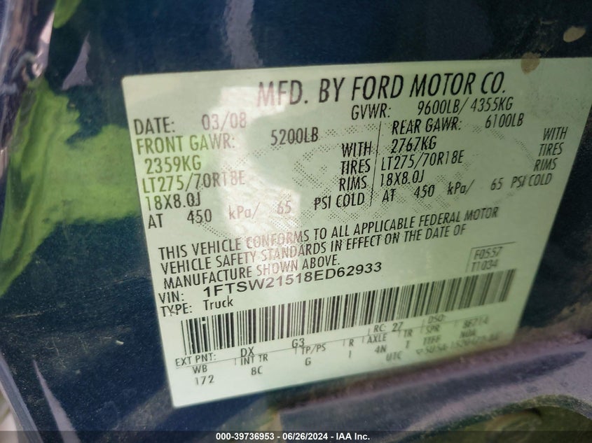2008 Ford F-250 Fx4/King Ranch/Lariat/Xl/Xlt VIN: 1FTSW21518ED62933 Lot: 39736953
