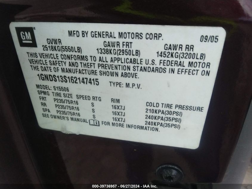2006 Chevrolet Trailblazer Ls VIN: 1GNDS13S162147415 Lot: 39736957