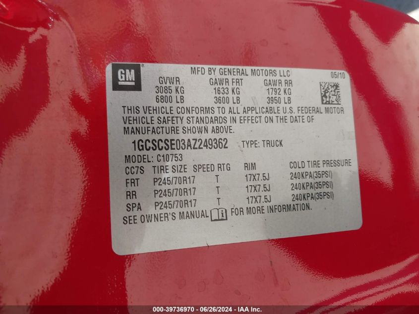 2010 Chevrolet Silverado C1500 Lt VIN: 1GCSCSE03AZ249362 Lot: 39736970