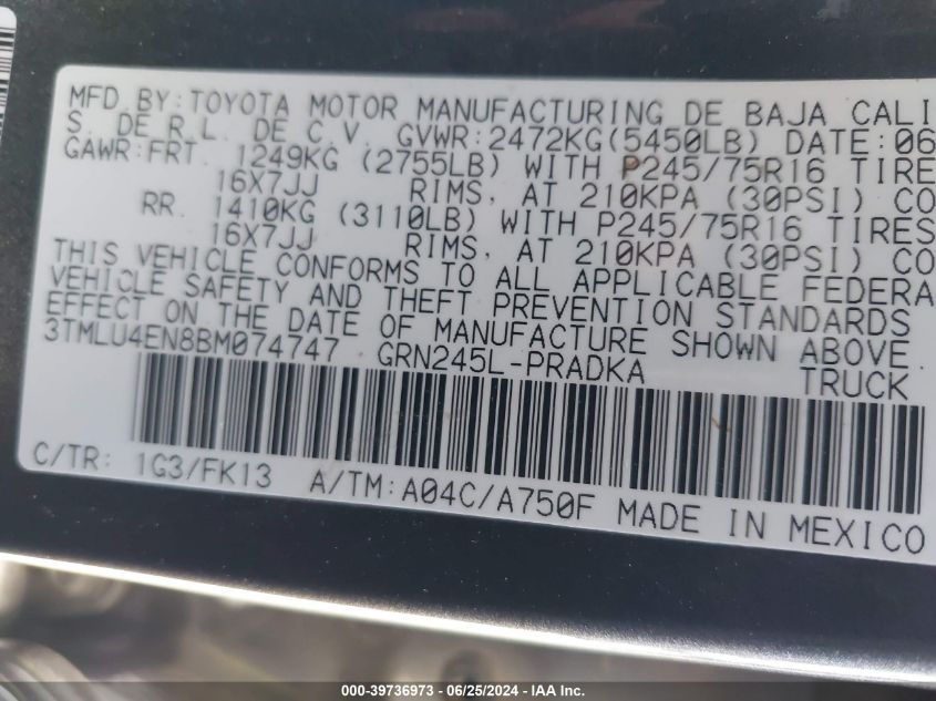 2011 Toyota Tacoma Double Cab VIN: 3TMLU4EN8BM074747 Lot: 39736973