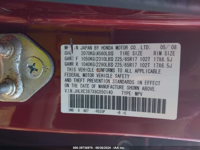 2008 Honda Cr-V Ex-L VIN: JHLRE387X8C050140 Lot: 39736978