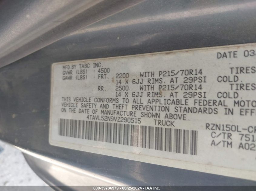 1997 Toyota Tacoma VIN: 4TAVL52N9VZ290515 Lot: 39736979