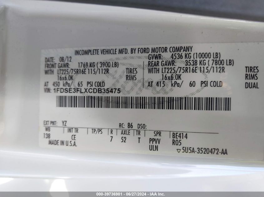 2012 Ford Econoline E350 Super Duty Ctway Van VIN: 1FDSE3FLXCDB35475 Lot: 39736981