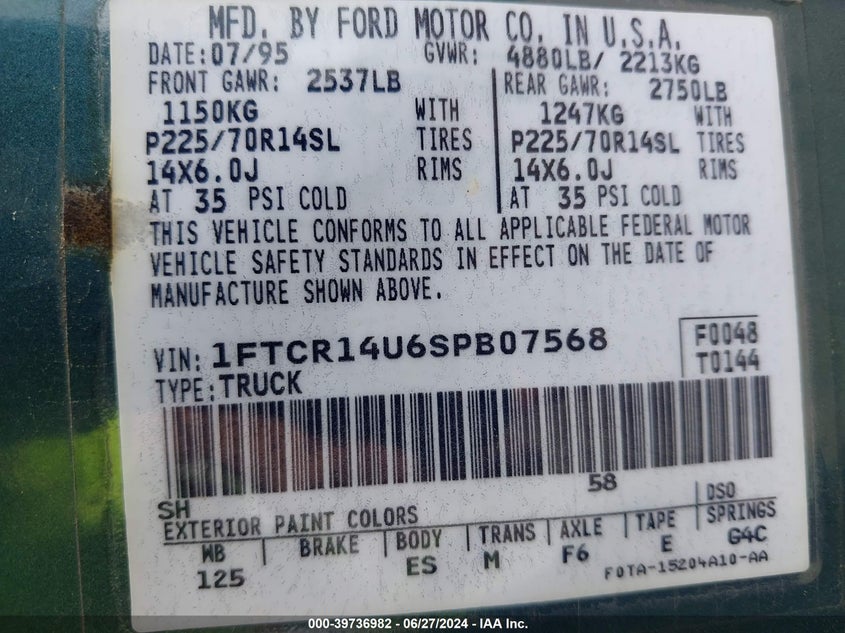 1995 Ford Ranger Super Cab VIN: 1FTCR14U6SPB07568 Lot: 39736982
