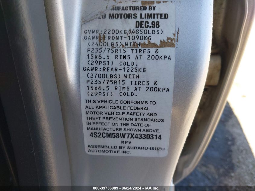1999 Isuzu Rodeo Ls/Lse/S VIN: 4S2CM58W7X4330314 Lot: 39736989