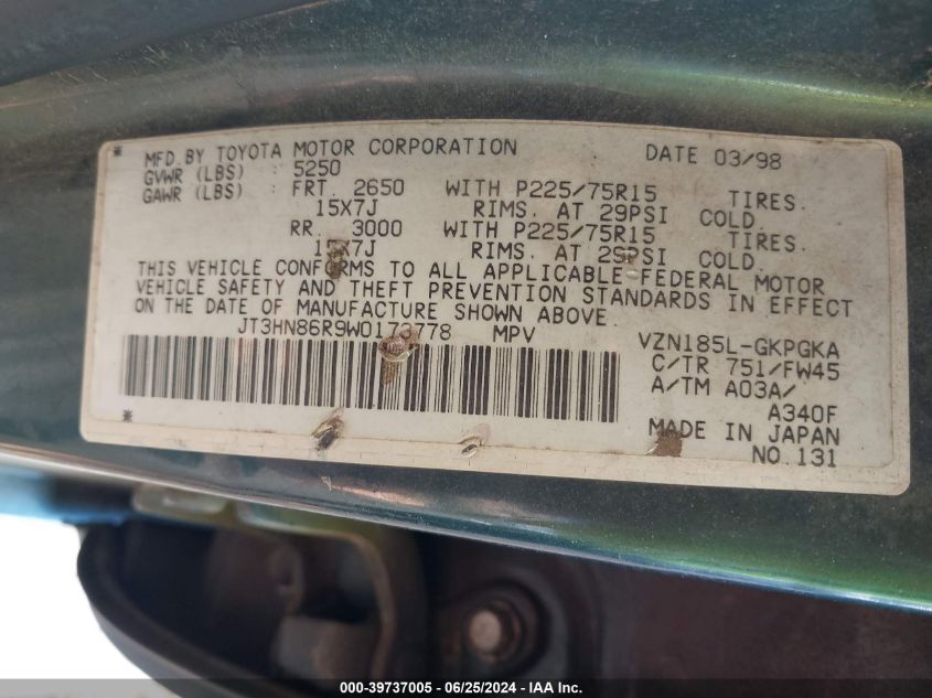 1998 Toyota 4Runner Sr5 V6 VIN: JT3HN86R9W0173778 Lot: 39737005