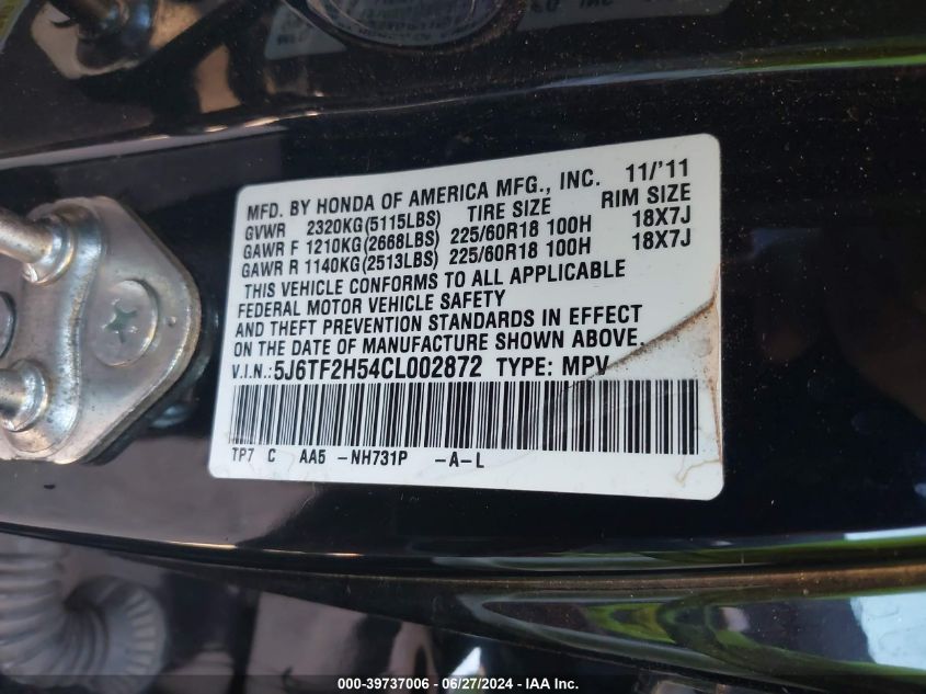 2012 Honda Crosstour Exl VIN: 5J6TF2H54CL002872 Lot: 39737006