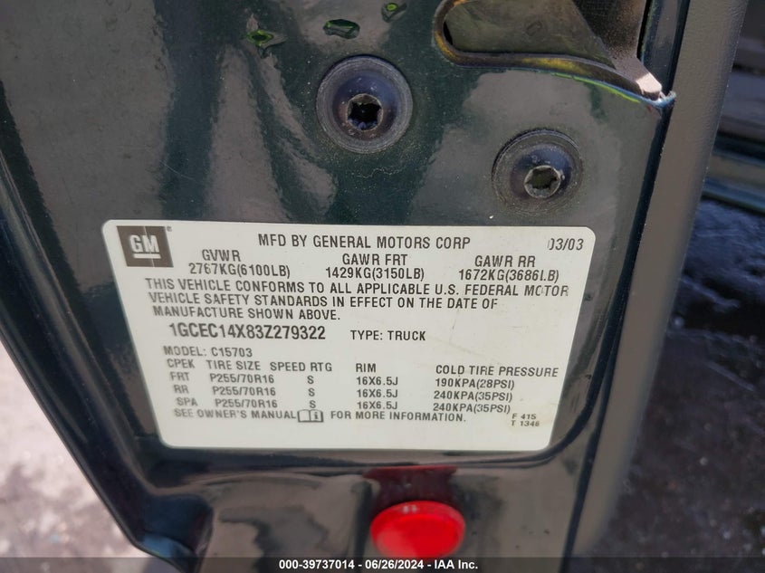 2003 Chevrolet Silverado 1500 Ls VIN: 1GCEC14X83Z279322 Lot: 39737014