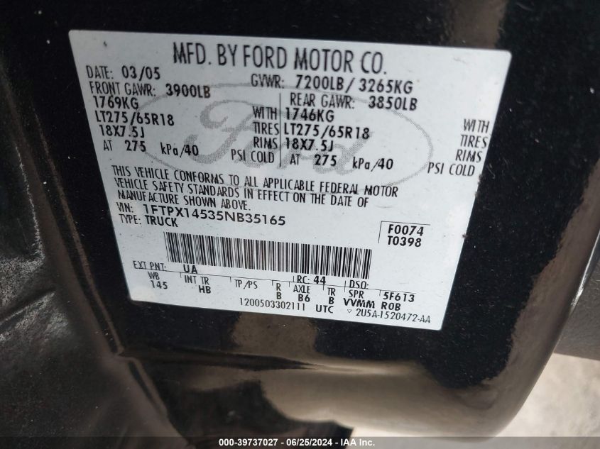 2005 Ford F-150 Fx4/Lariat/Xl/Xlt VIN: 1FTPX14535NB35165 Lot: 39737027