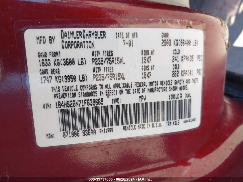 2001 Dodge Durango VIN: 1B4HS28N71F638685 Lot: 39737055