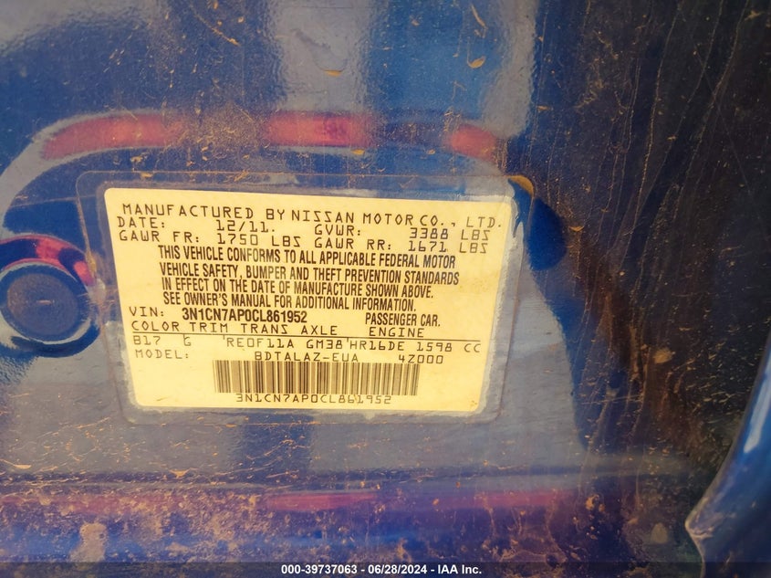 2012 Nissan Versa S/Sv/Sl VIN: 3N1CN7AP0CL861952 Lot: 39737063