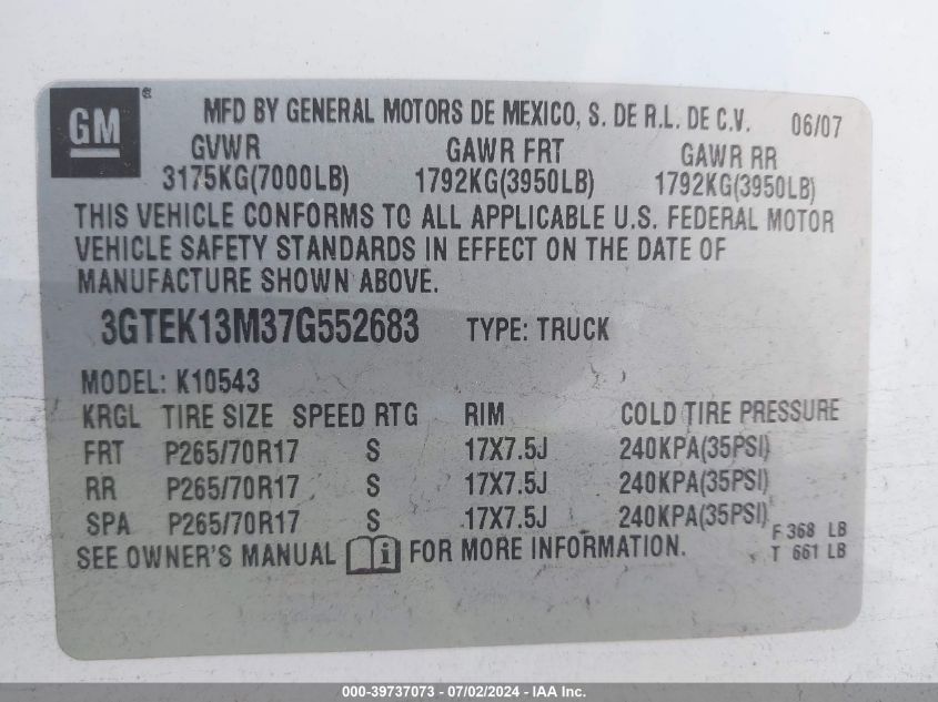 2007 GMC Sierra 1500 Sle1 VIN: 3GTEK13M37G552683 Lot: 39737073