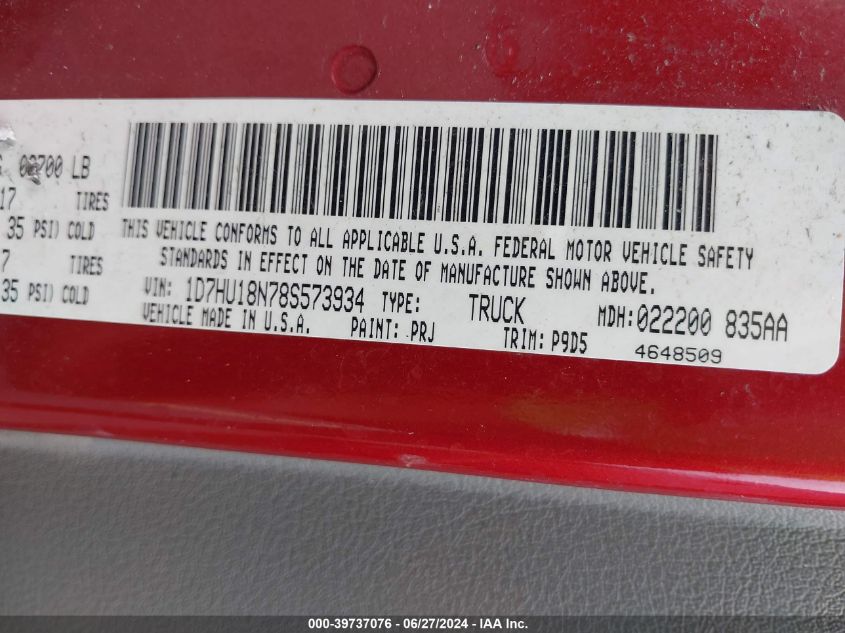 2008 Dodge Ram 1500 St/Sxt VIN: 1D7HU18N78S573934 Lot: 39737076
