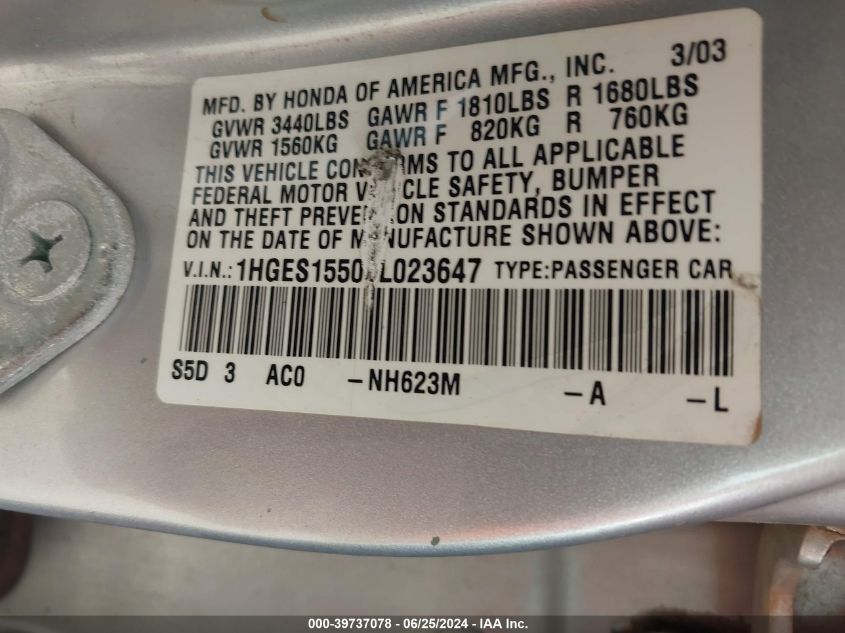 2003 Honda Civic Lx VIN: 1HGES15503L023647 Lot: 39737078