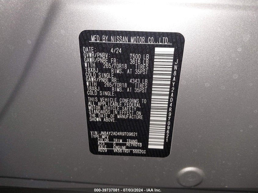 2024 Nissan Armada Sv 4Wd VIN: JN8AY2AD4R9709621 Lot: 39737081