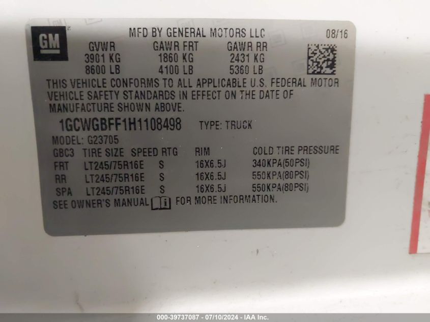 2017 Chevrolet Express 2500 Work Van VIN: 1GCWGBFF1H1108498 Lot: 39737087