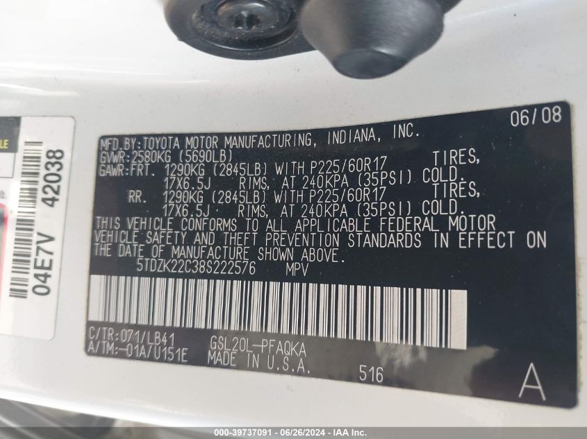 2008 Toyota Sienna Xle VIN: 5TDZK22C38S222576 Lot: 39737091