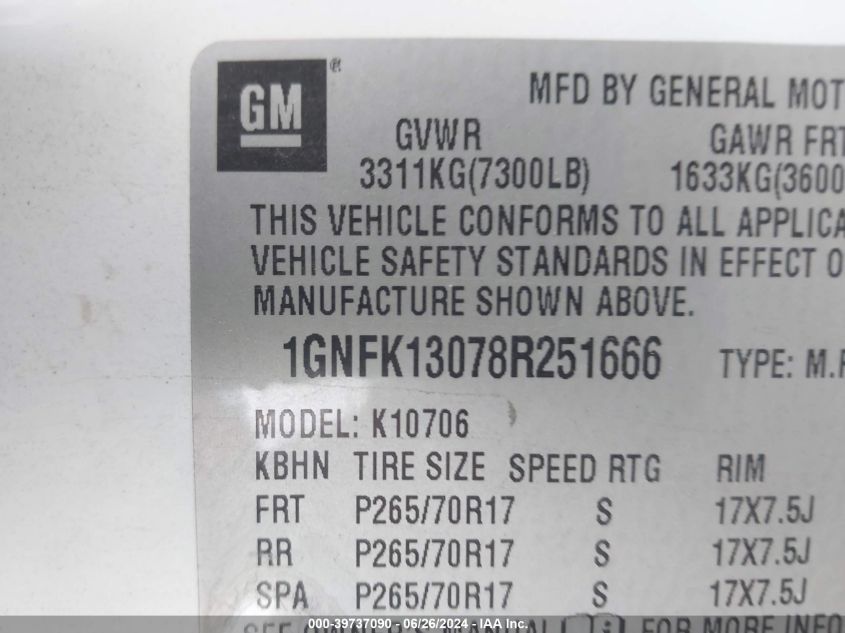2008 Chevrolet Tahoe Commercial Fleet VIN: 1GNFK13078R251666 Lot: 39737090