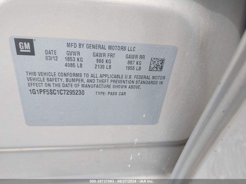 2012 Chevrolet Cruze Lt VIN: 1G1PF5SC1C7295230 Lot: 39737093