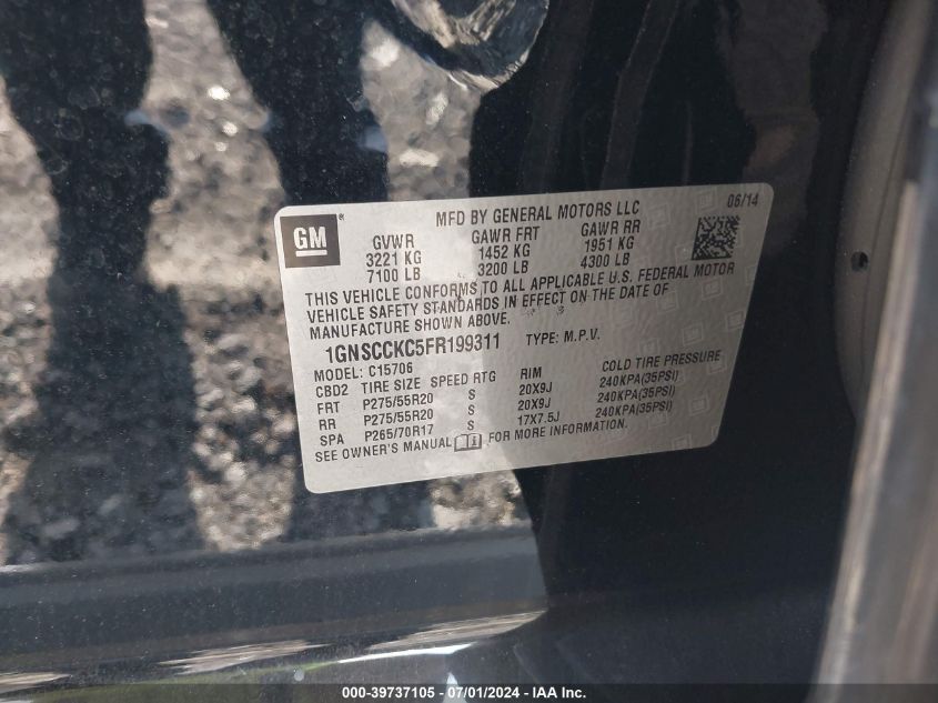 2015 Chevrolet Tahoe Ltz VIN: 1GNSCCKC5FR199311 Lot: 39737105