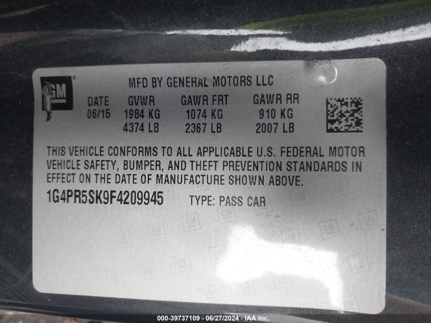 2015 Buick Verano Convenience VIN: 1G4PR5SK9F4209945 Lot: 39737109