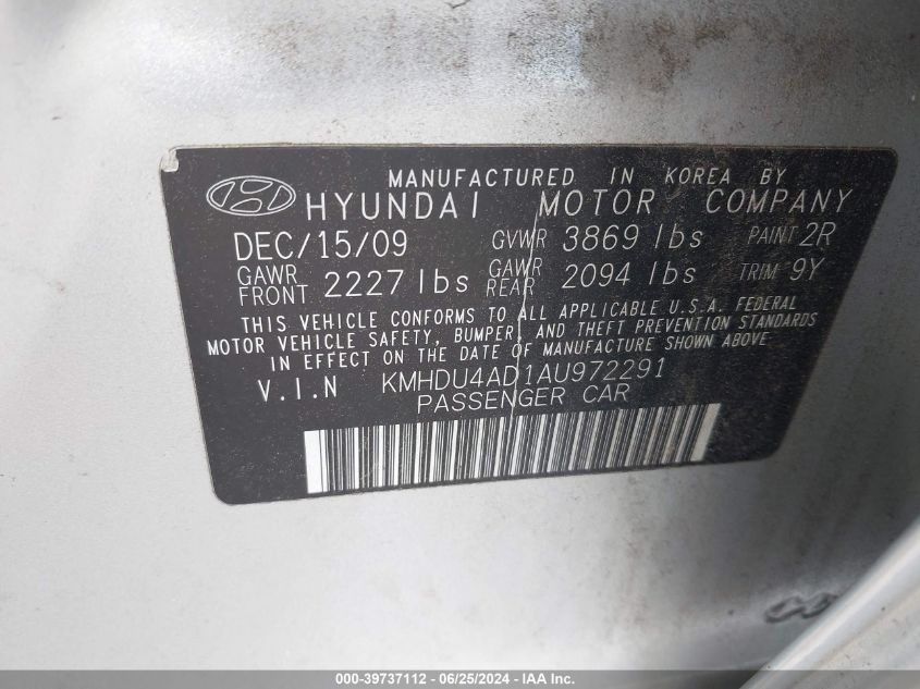 KMHDU4AD1AU972291 2010 Hyundai Elantra Gls